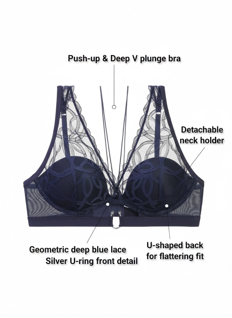 SALLY Push-Up Underwired Plunge Lace Bra with Detachable Neck Holder
